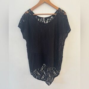 Free People Daydream Hi Low Laced Back Tunic Short Sleeved Top, Black, Sz Small